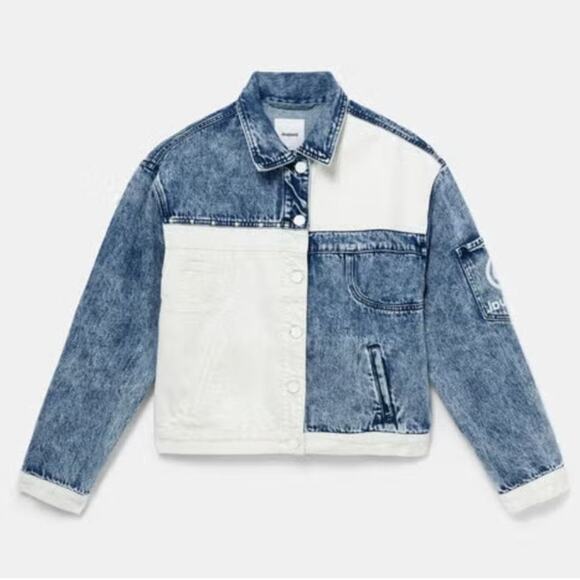 Desigual Striped Patchwork Blue White Denim Chaq Lollypop Jacket - Size M - NWT - Picture 1 of 16